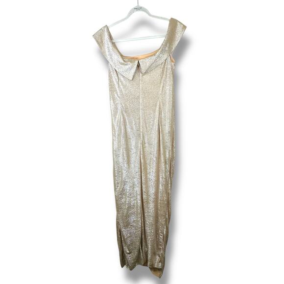 Calvin Klein Gold Metallic Sequin Off-the-Shoulder Ruched Maxi Evening Gown 16W - Picture 9 of 11